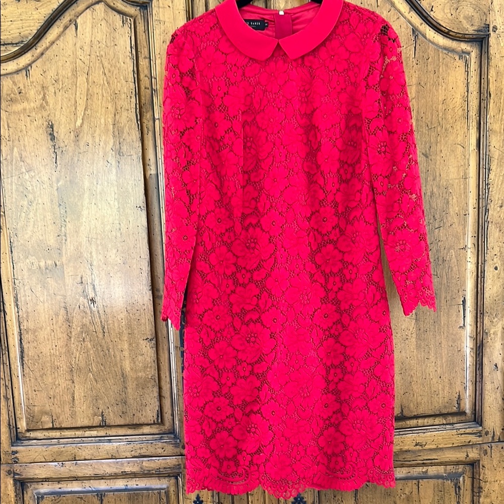 Ted Baker London Bright Red Lace Shift Dress with Peter Pan Collar